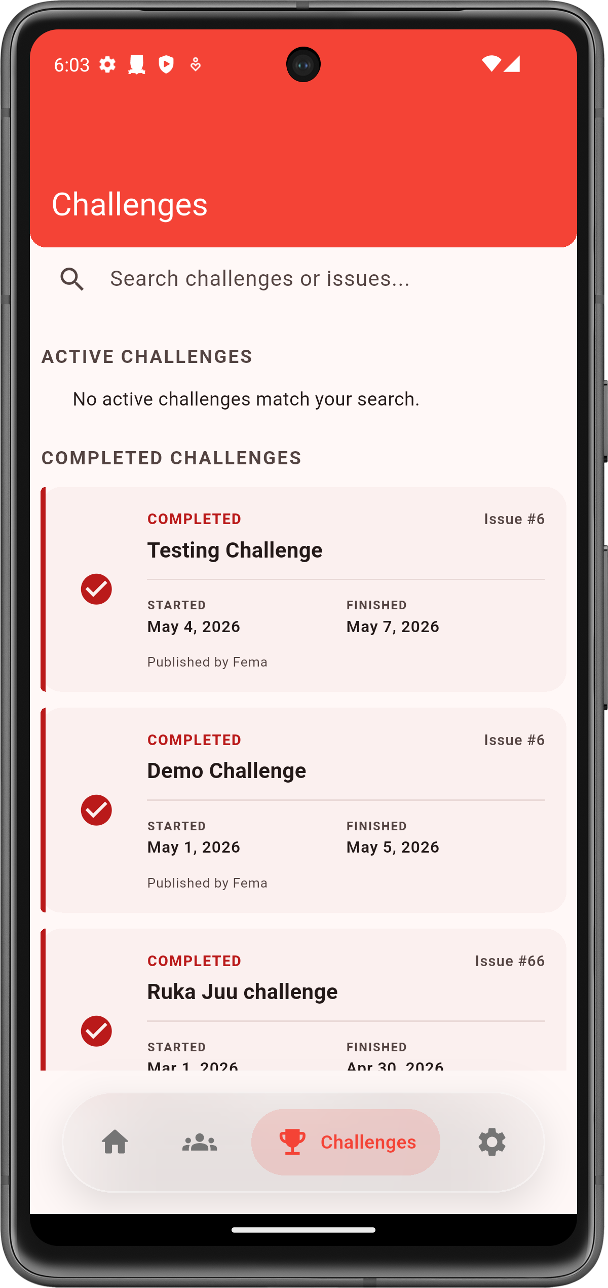 Challenges list screen