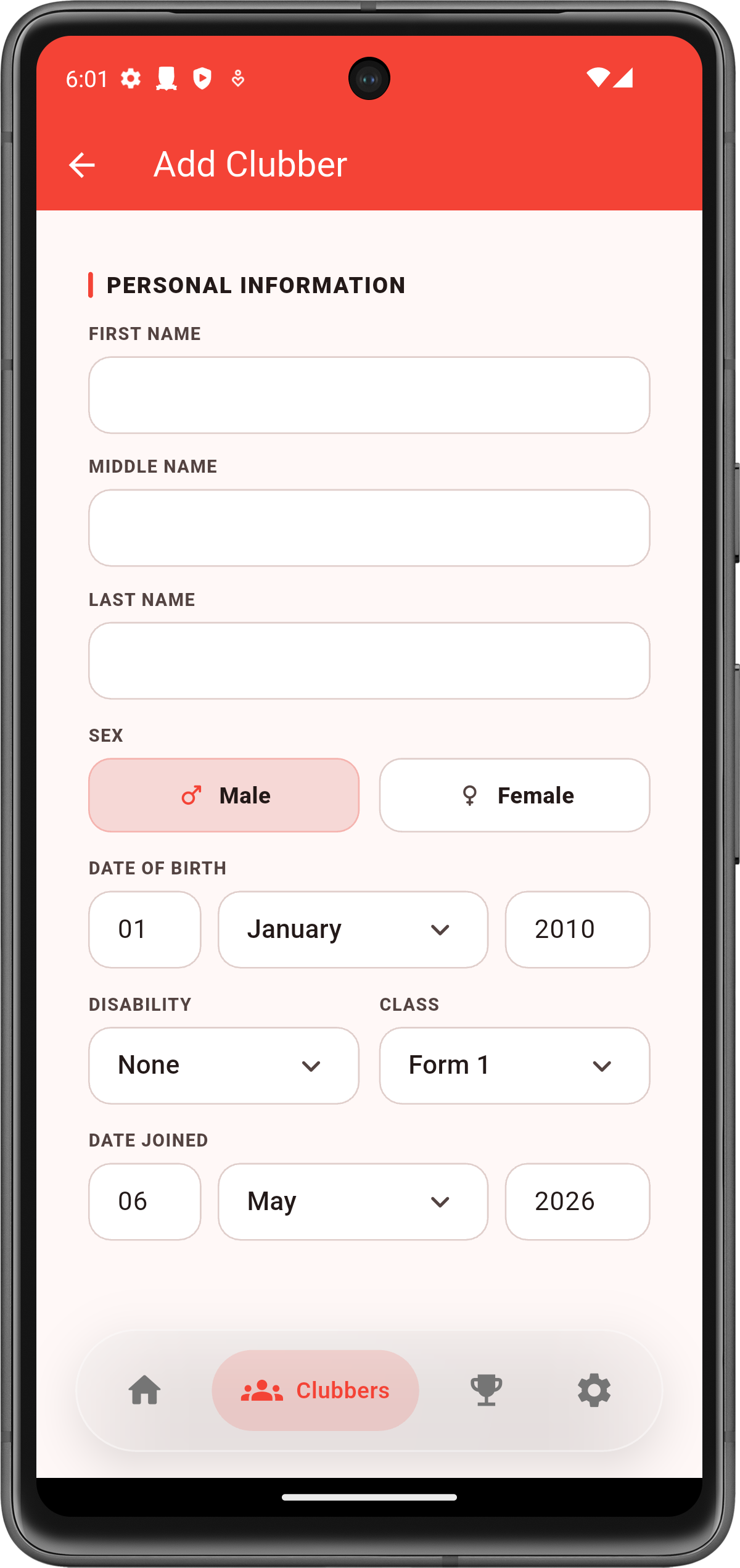 Clubber registration screen