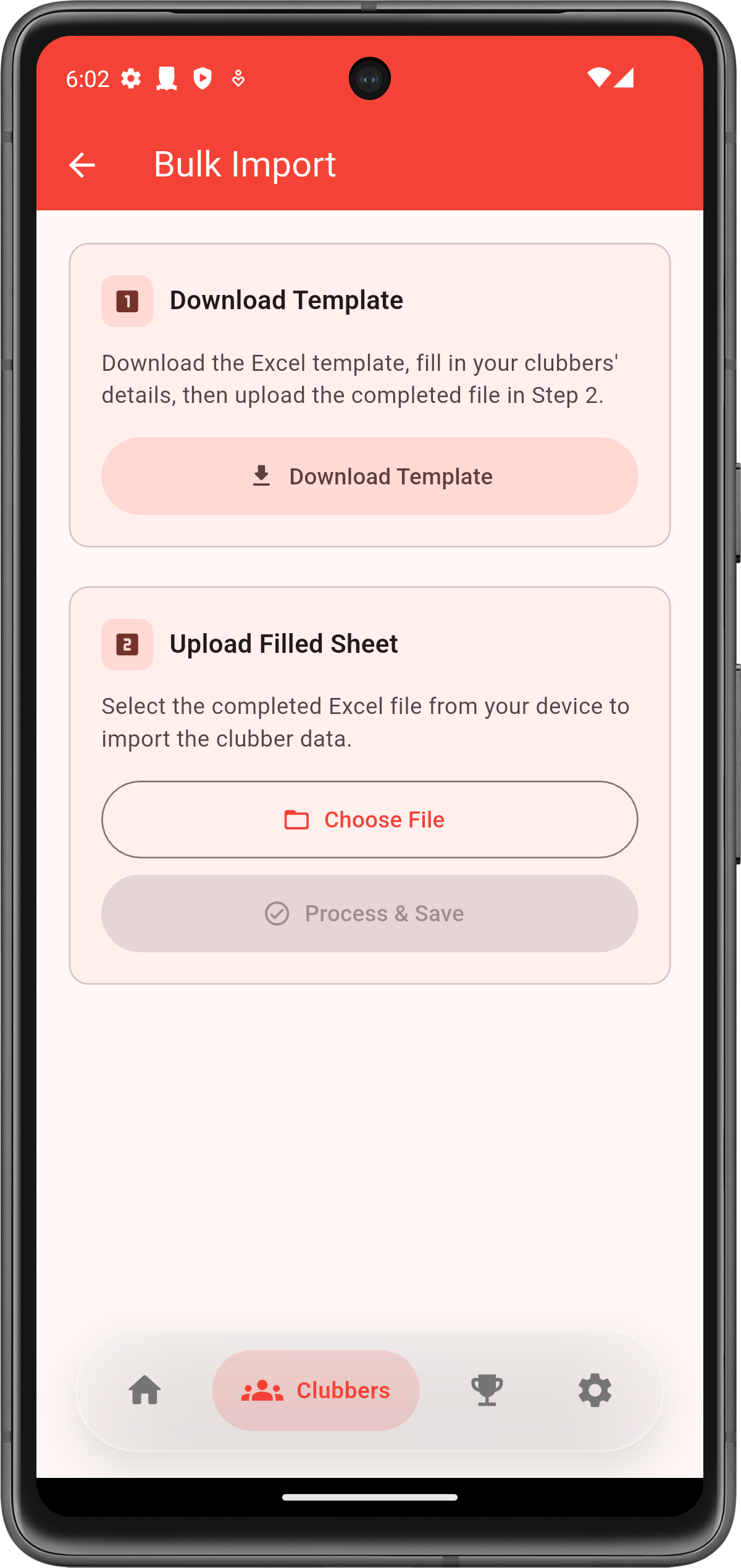 Bulk import clubbers screen