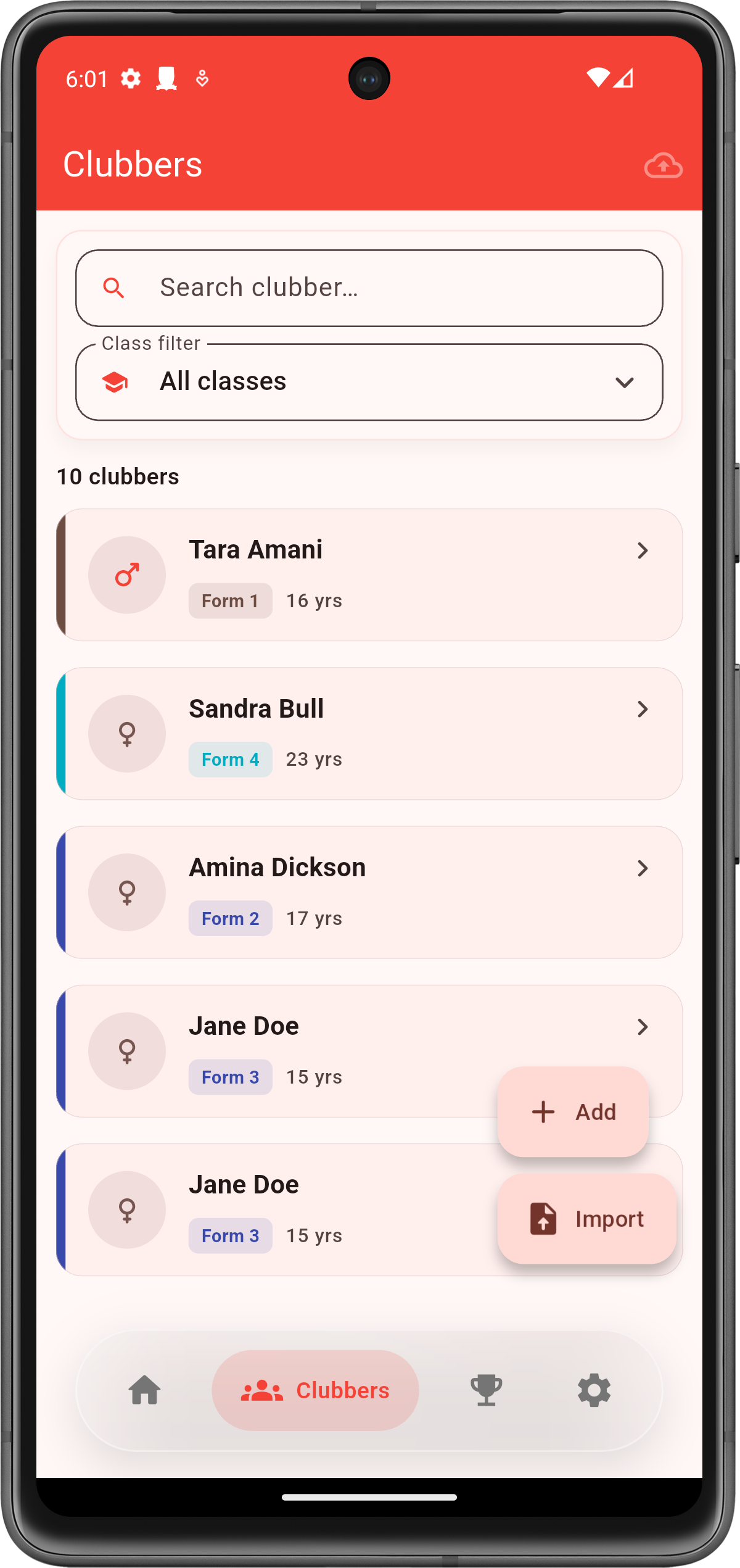 Clubbers list screen