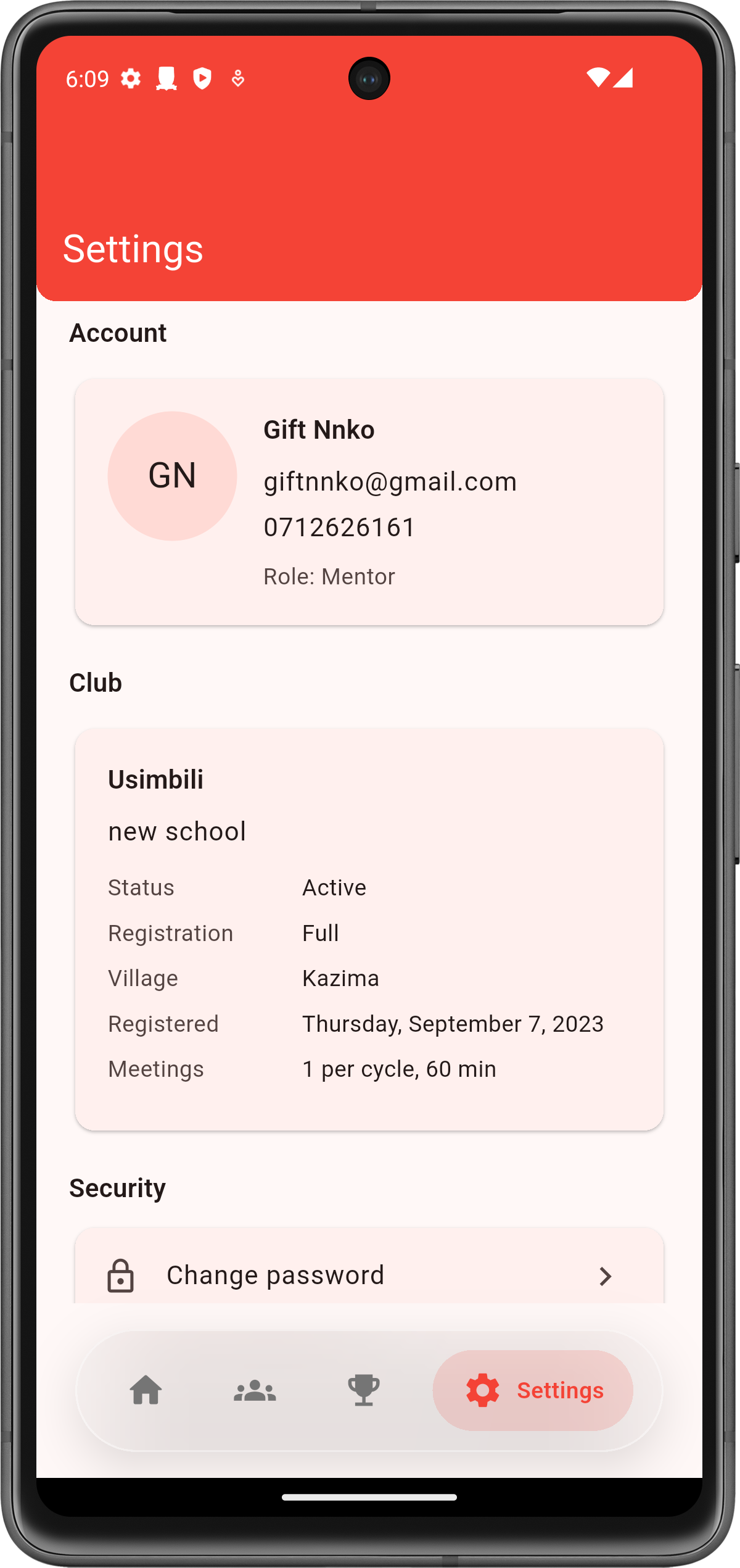 Settings page screen