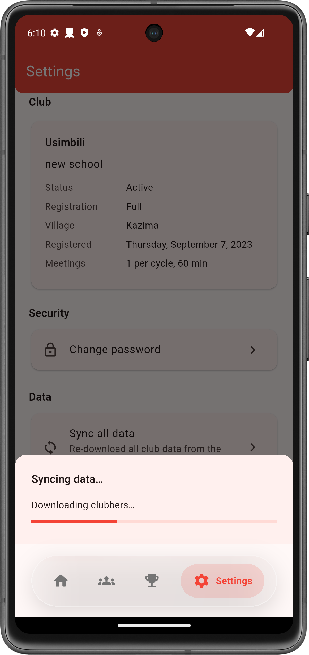 Settings sync screen