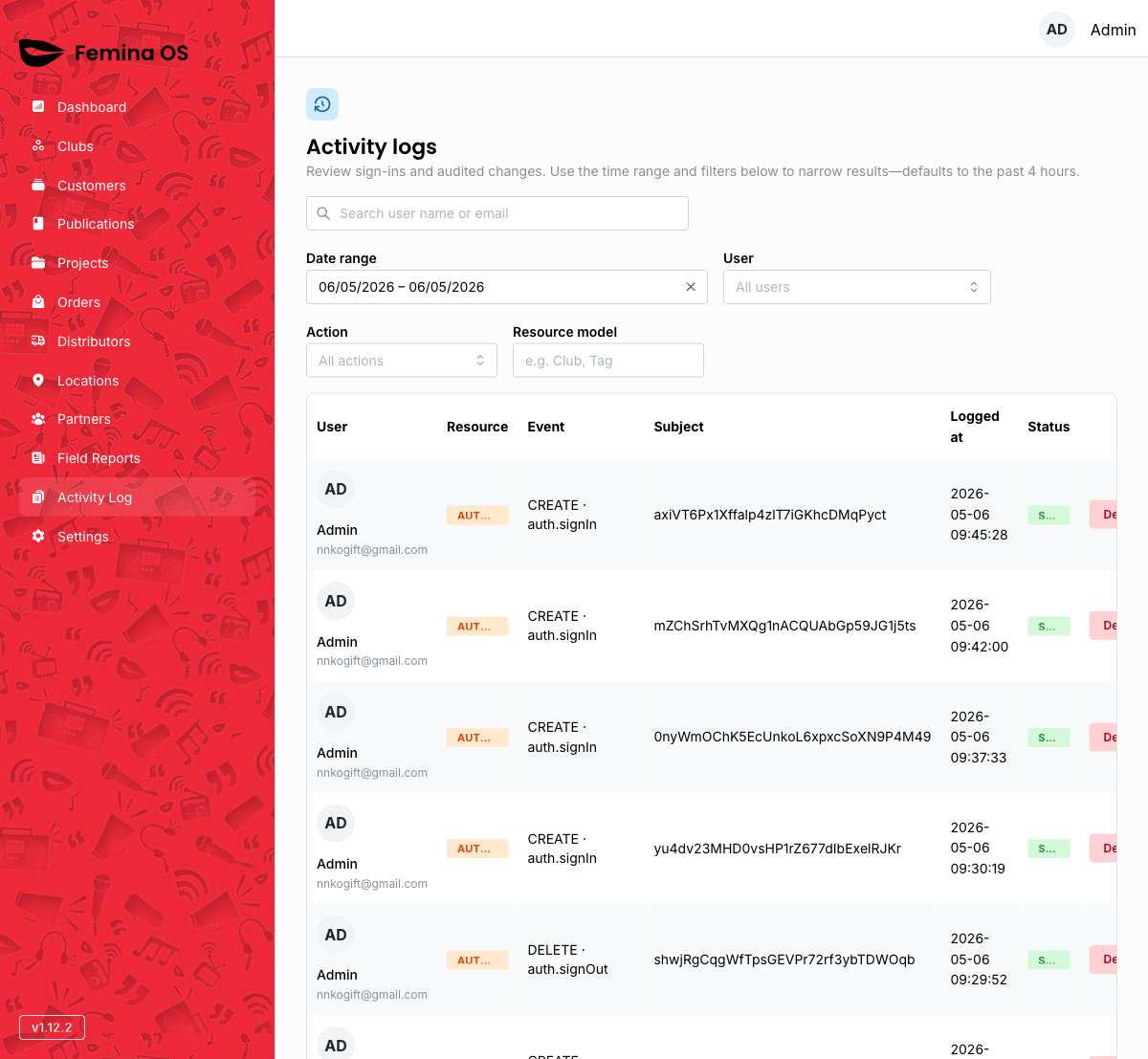 Activity log