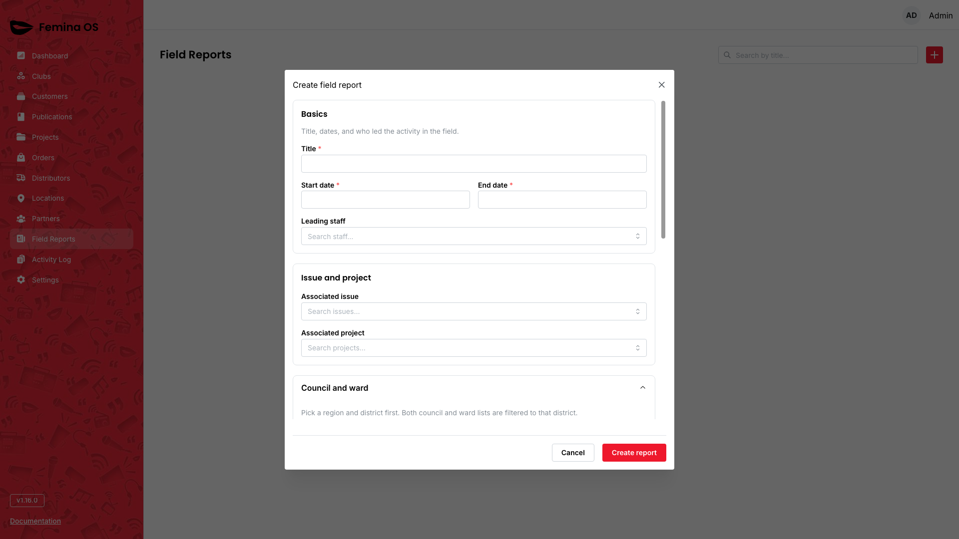 Field report form dialog